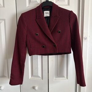 Zara Women's Black and Red Houndstooth Blazer